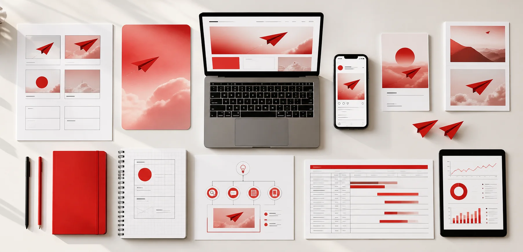 Red and white digital marketing system across website, social media and analytics